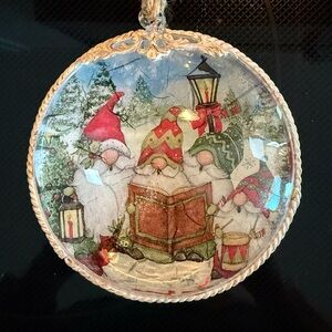 Hand Crafted Reverse Decoupage Molded Clay Trim Caroling Gnome Glass Ornament